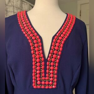 LILLY PULITZER Navy Dress with Coral and Gold Beaded Neckline